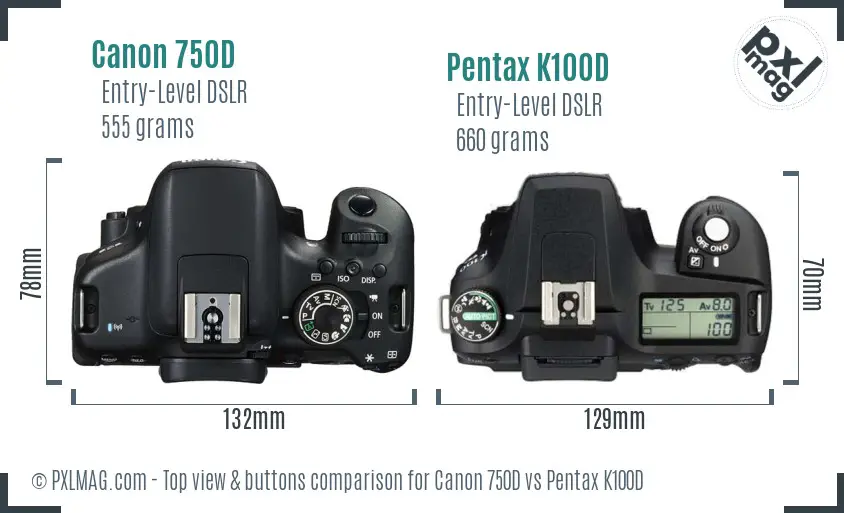 Canon 750D vs Pentax K100D top view buttons comparison