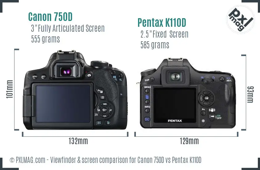 Canon 750D vs Pentax K110D Screen and Viewfinder comparison