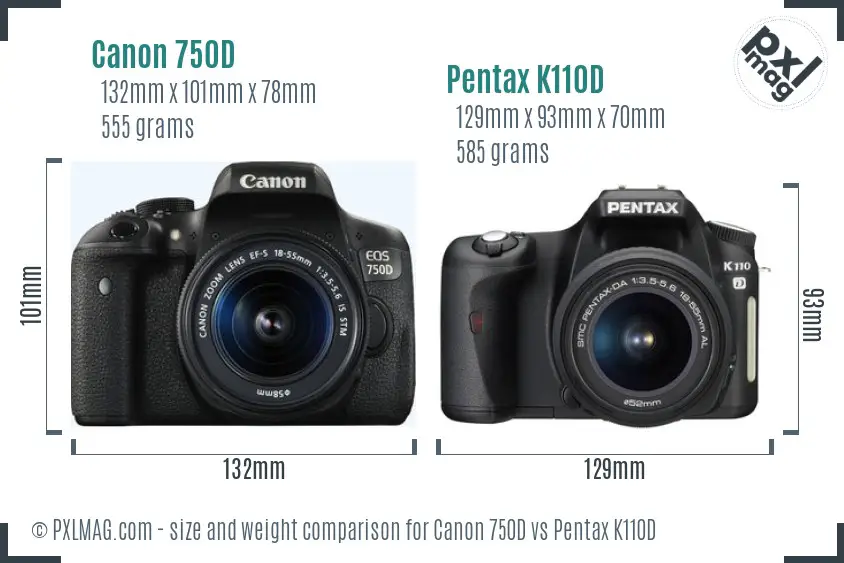 Canon 750D vs Pentax K110D size comparison