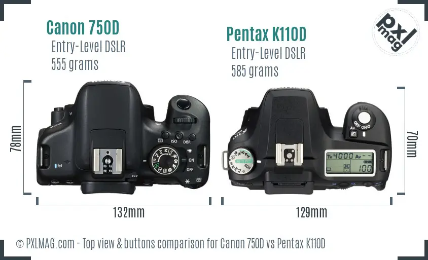 Canon 750D vs Pentax K110D top view buttons comparison