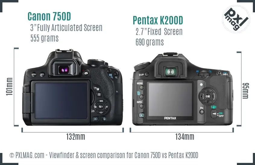 Canon 750D vs Pentax K200D Screen and Viewfinder comparison