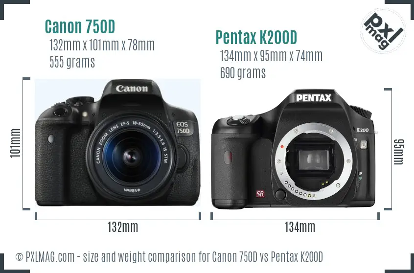 Canon 750D vs Pentax K200D size comparison