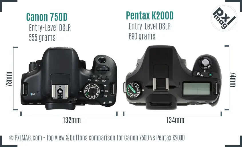 Canon 750D vs Pentax K200D top view buttons comparison