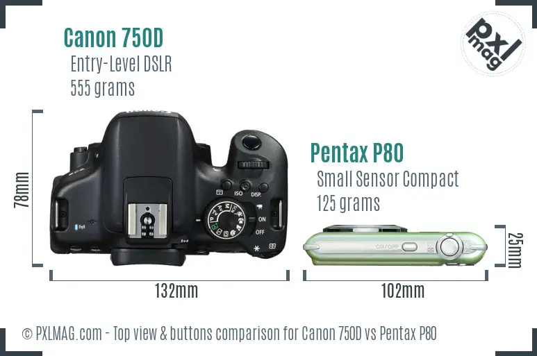 Canon 750D vs Pentax P80 top view buttons comparison