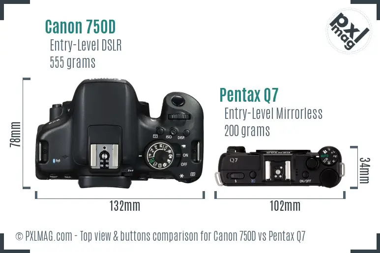 Canon 750D vs Pentax Q7 top view buttons comparison