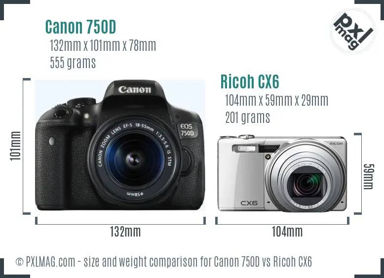Canon 750D vs Ricoh CX6 size comparison