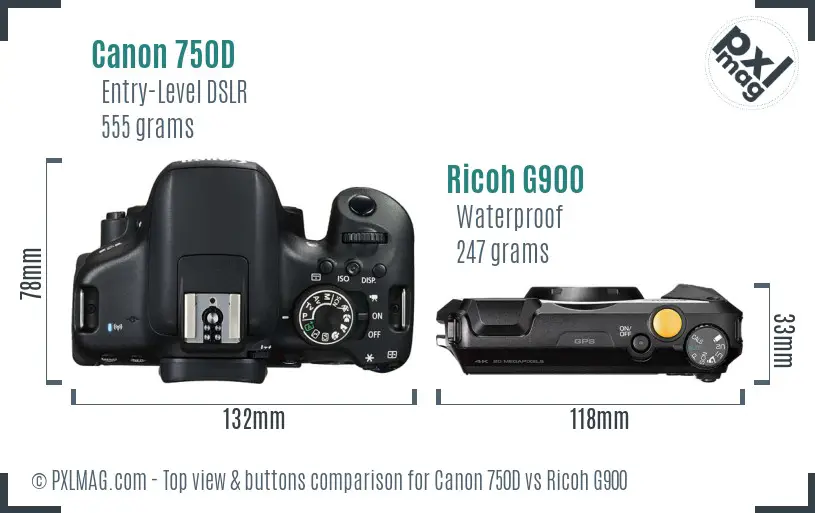 Canon 750D vs Ricoh G900 top view buttons comparison Canon 750D vs Ricoh G900 top view buttons comparison