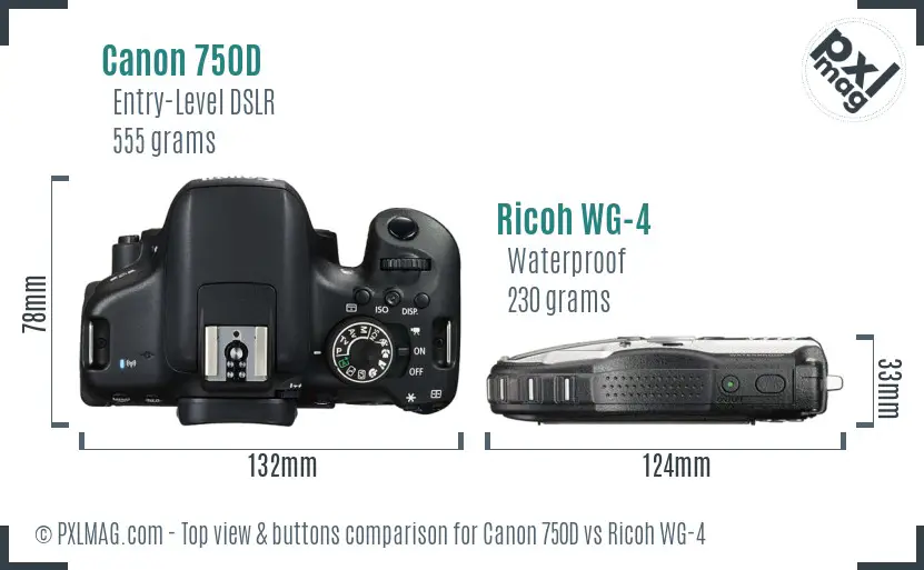 Canon 750D vs Ricoh WG-4 top view buttons comparison