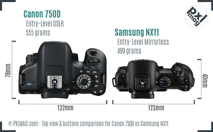 Canon 750D vs Samsung NX11 top view buttons comparison