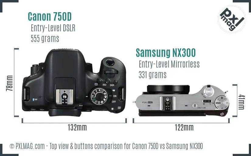 Canon 750D vs Samsung NX300 top view buttons comparison