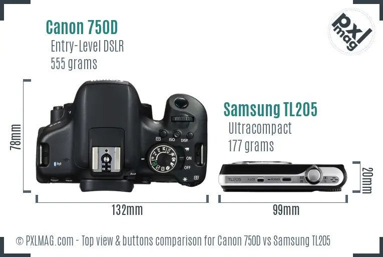 Canon 750D vs Samsung TL205 top view buttons comparison Canon 750D vs Samsung TL205 top view buttons comparison
