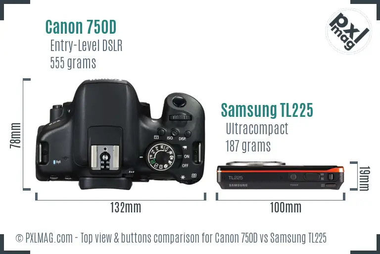 Canon 750D vs Samsung TL225 top view buttons comparison