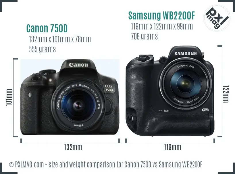 Canon 750D vs Samsung WB2200F size comparison