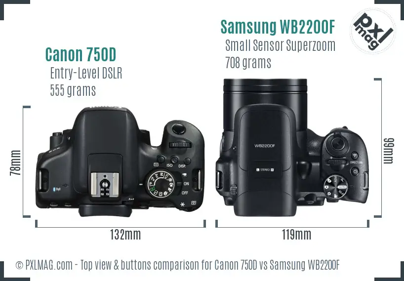 Canon 750D vs Samsung WB2200F top view buttons comparison