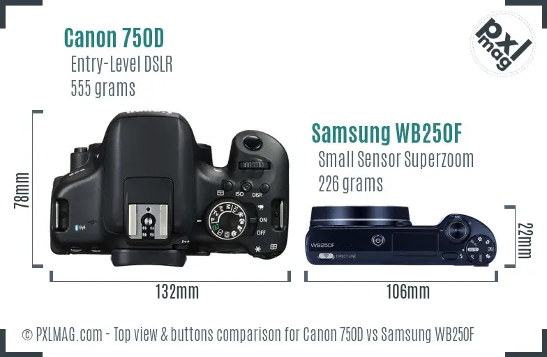 Canon 750D vs Samsung WB250F top view buttons comparison