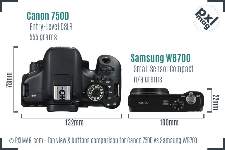 Canon 750D vs Samsung WB700 top view buttons comparison