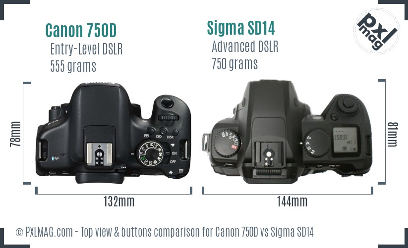 Canon 750D vs Sigma SD14 top view buttons comparison