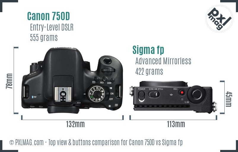 Canon 750D vs Sigma fp top view buttons comparison