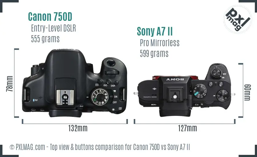 Canon 750D vs Sony A7 II top view buttons comparison Canon 750D vs Sony A7 II top view buttons comparison