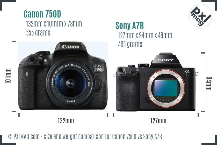 Canon 750D vs Sony A7R size comparison