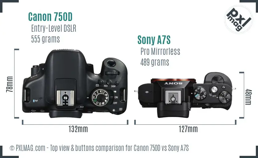 Canon 750D vs Sony A7S top view buttons comparison