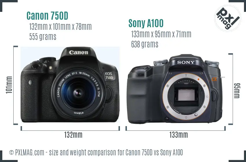 Canon 750D vs Sony A100 size comparison
