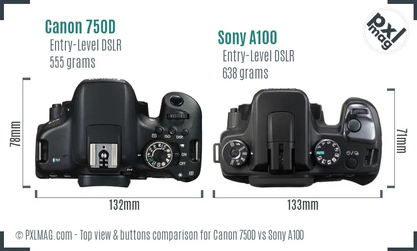 Canon 750D vs Sony A100 top view buttons comparison