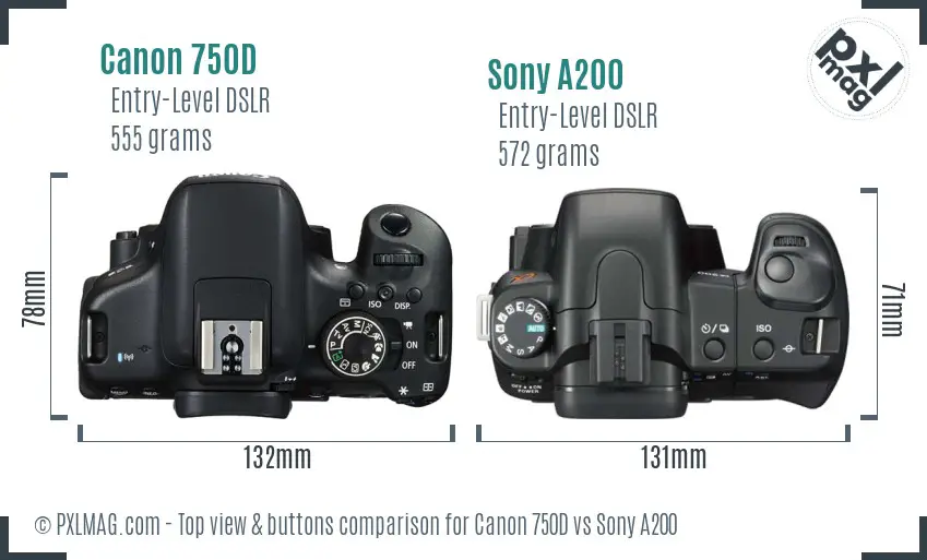 Canon 750D vs Sony A200 top view buttons comparison