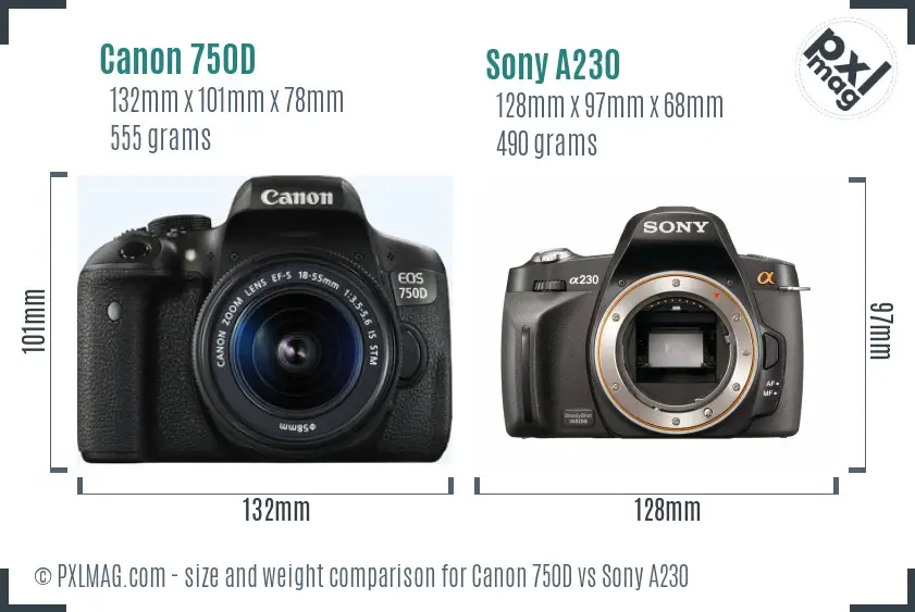 Canon 750D vs Sony A230 size comparison