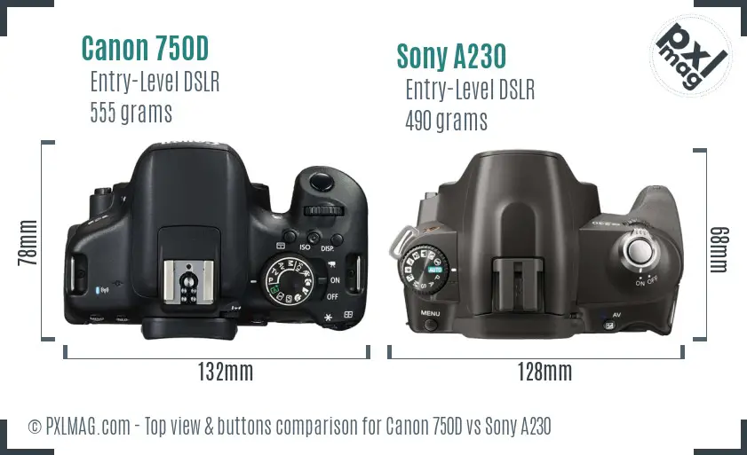 Canon 750D vs Sony A230 top view buttons comparison