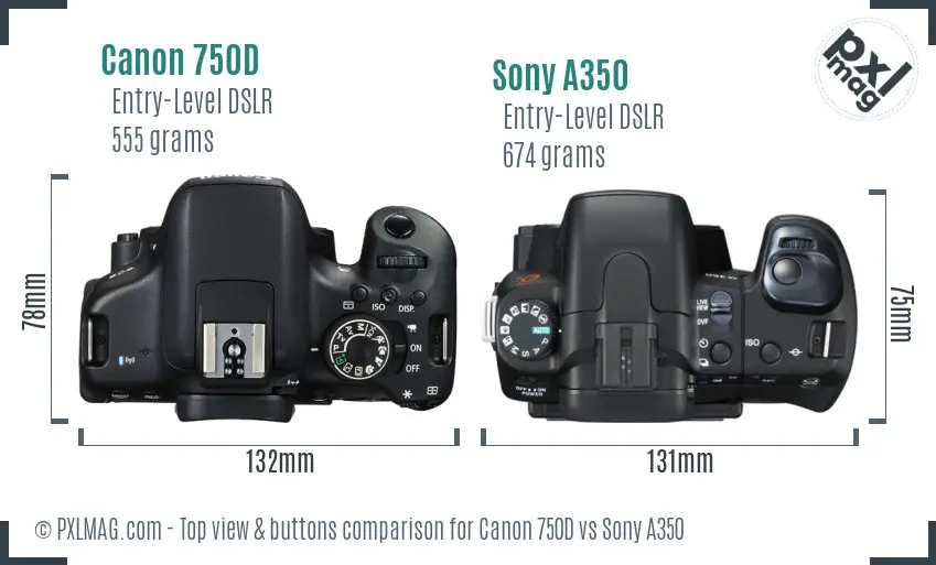 Canon 750D vs Sony A350 top view buttons comparison
