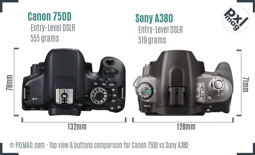 Canon 750D vs Sony A380 top view buttons comparison