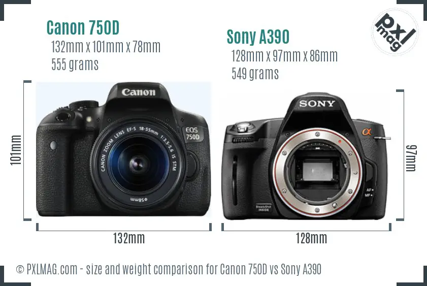 Canon 750D vs Sony A390 size comparison