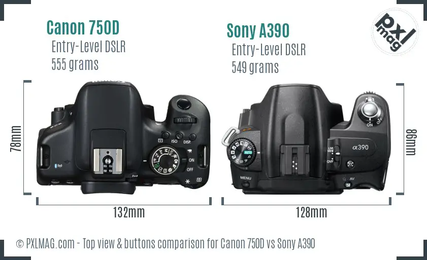 Canon 750D vs Sony A390 top view buttons comparison