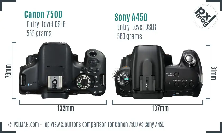 Canon 750D vs Sony A450 top view buttons comparison