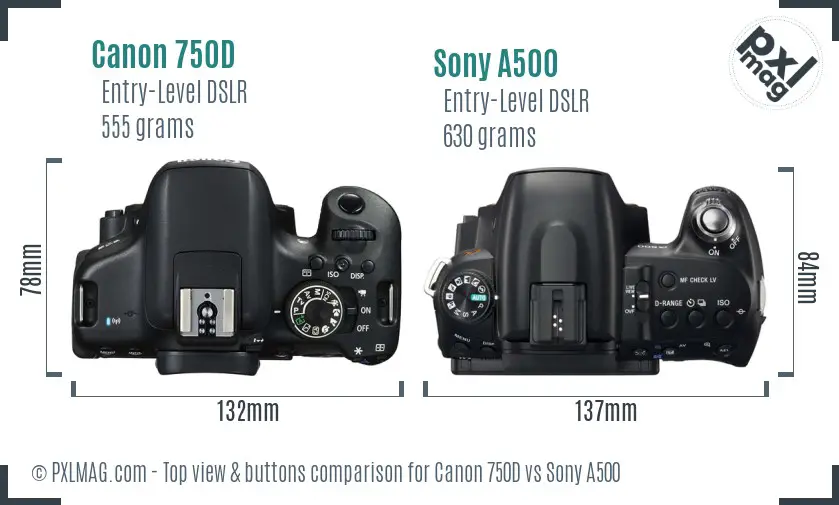 Canon 750D vs Sony A500 top view buttons comparison