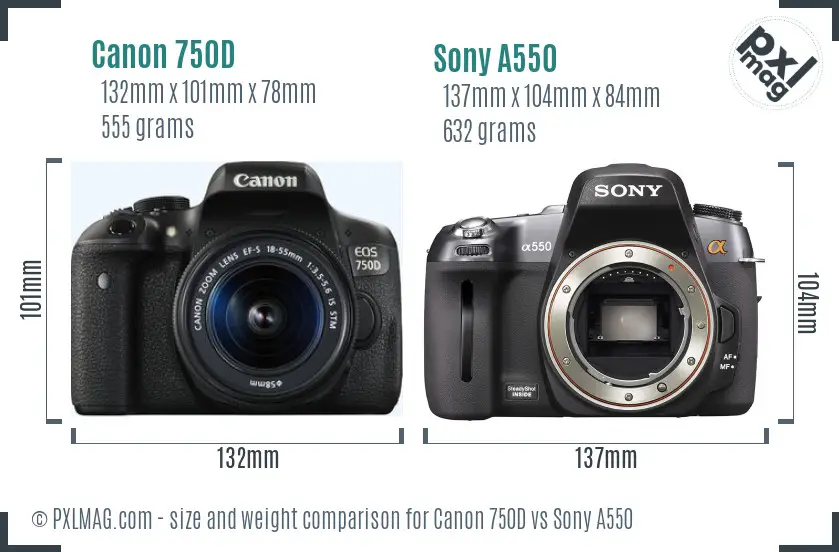 Canon 750D vs Sony A550 size comparison