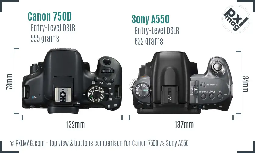 Canon 750D vs Sony A550 top view buttons comparison