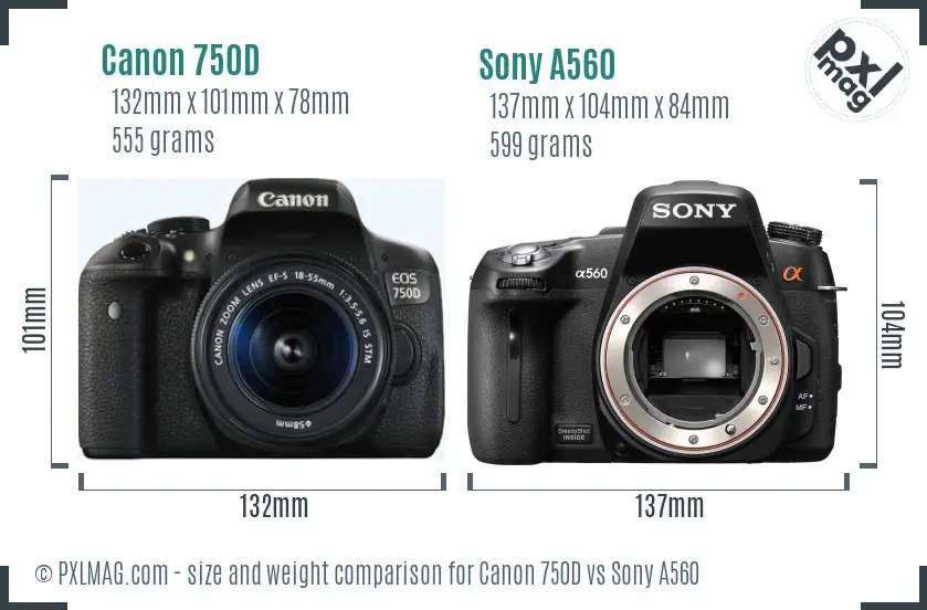Canon 750D vs Sony A560 size comparison
