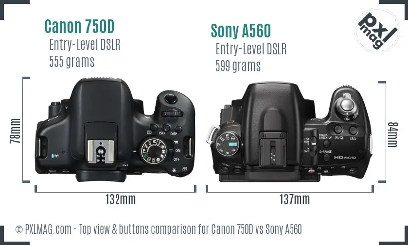Canon 750D vs Sony A560 top view buttons comparison