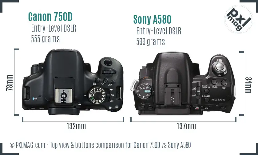 Canon 750D vs Sony A580 top view buttons comparison