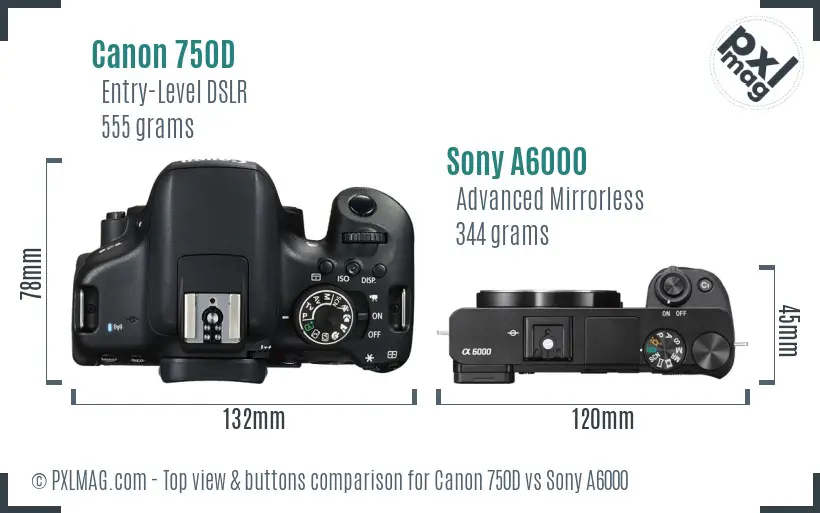 Canon 750D vs Sony A6000 top view buttons comparison