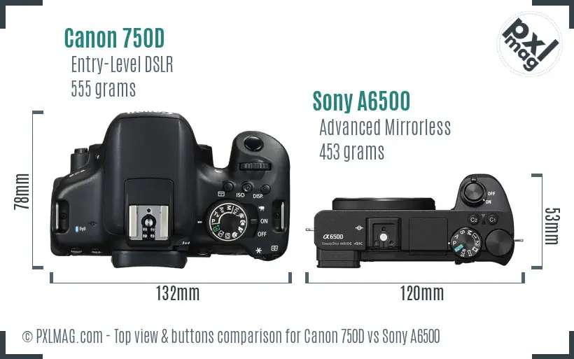 Canon 750D vs Sony A6500 top view buttons comparison Canon 750D vs Sony A6500 top view buttons comparison