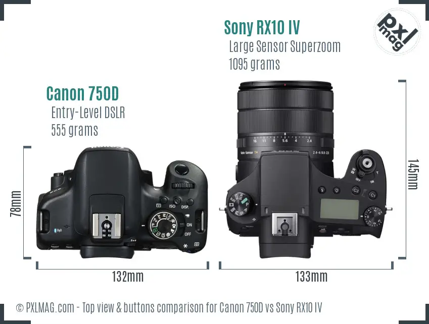 Canon 750D vs Sony RX10 IV top view buttons comparison