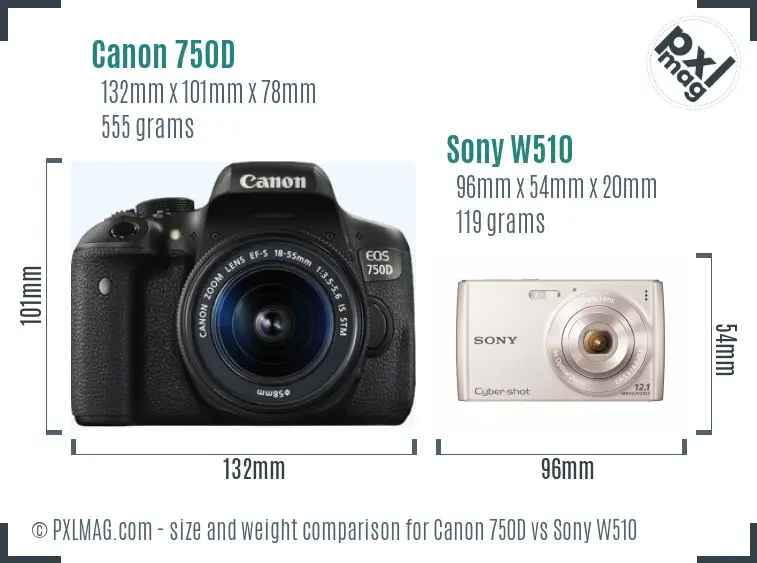 Canon 750D vs Sony W510 size comparison