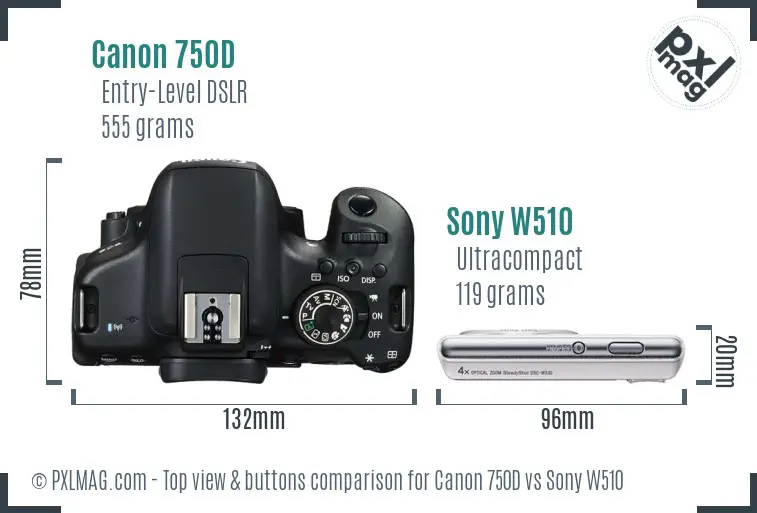 Canon 750D vs Sony W510 top view buttons comparison