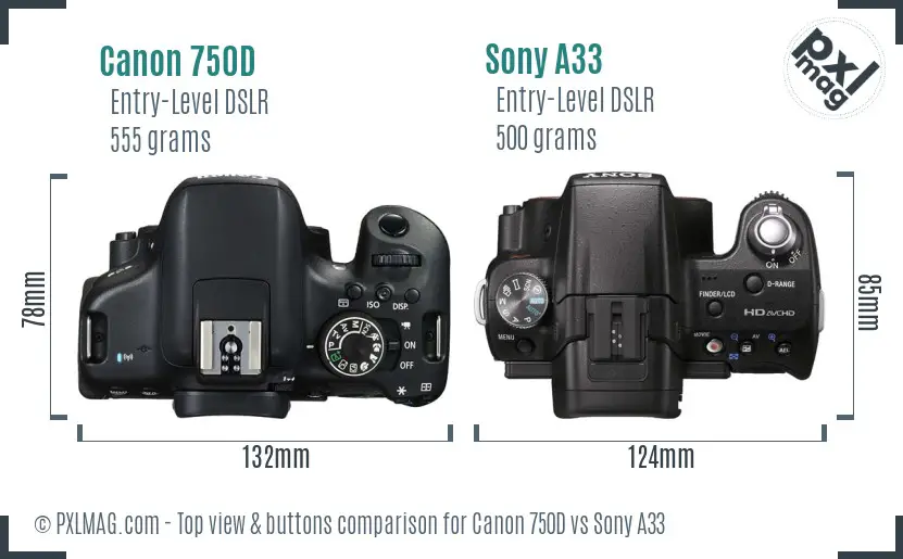 Canon 750D vs Sony A33 top view buttons comparison
