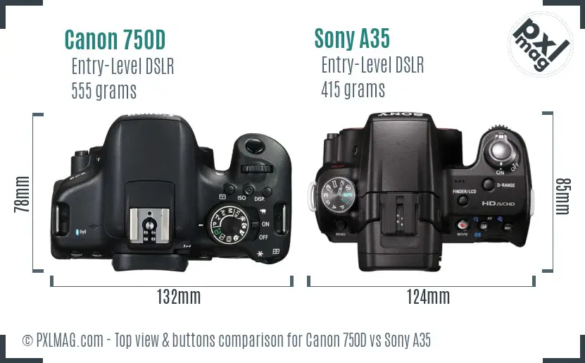 Canon 750D vs Sony A35 top view buttons comparison