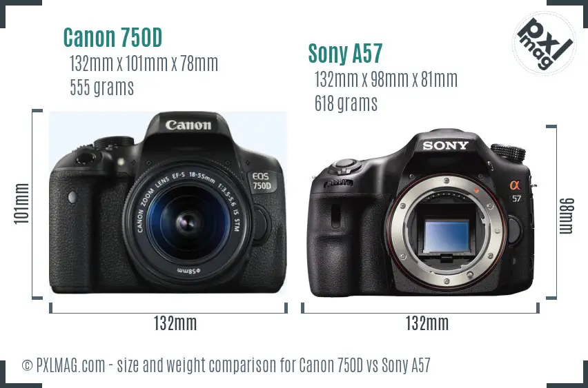Canon 750D vs Sony A57 size comparison