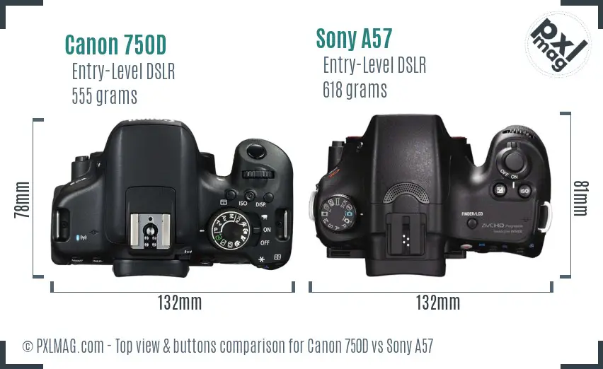 Canon 750D vs Sony A57 top view buttons comparison